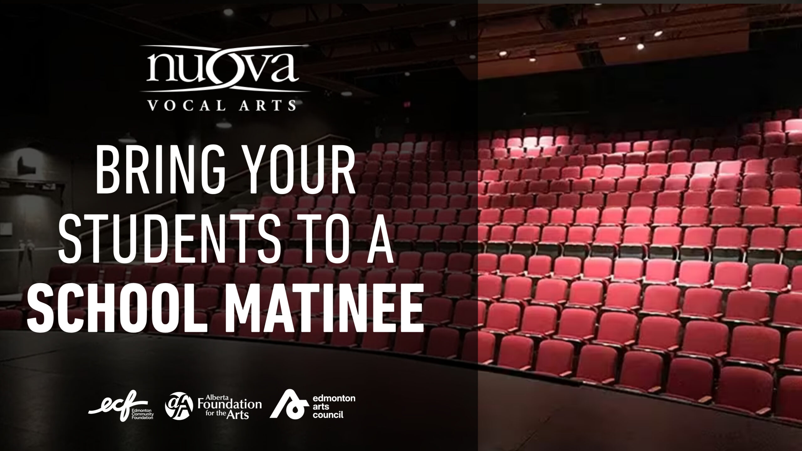 NUOVA Vocal Arts school matinee auditorium with text inviting educators to bring students to a school matinee